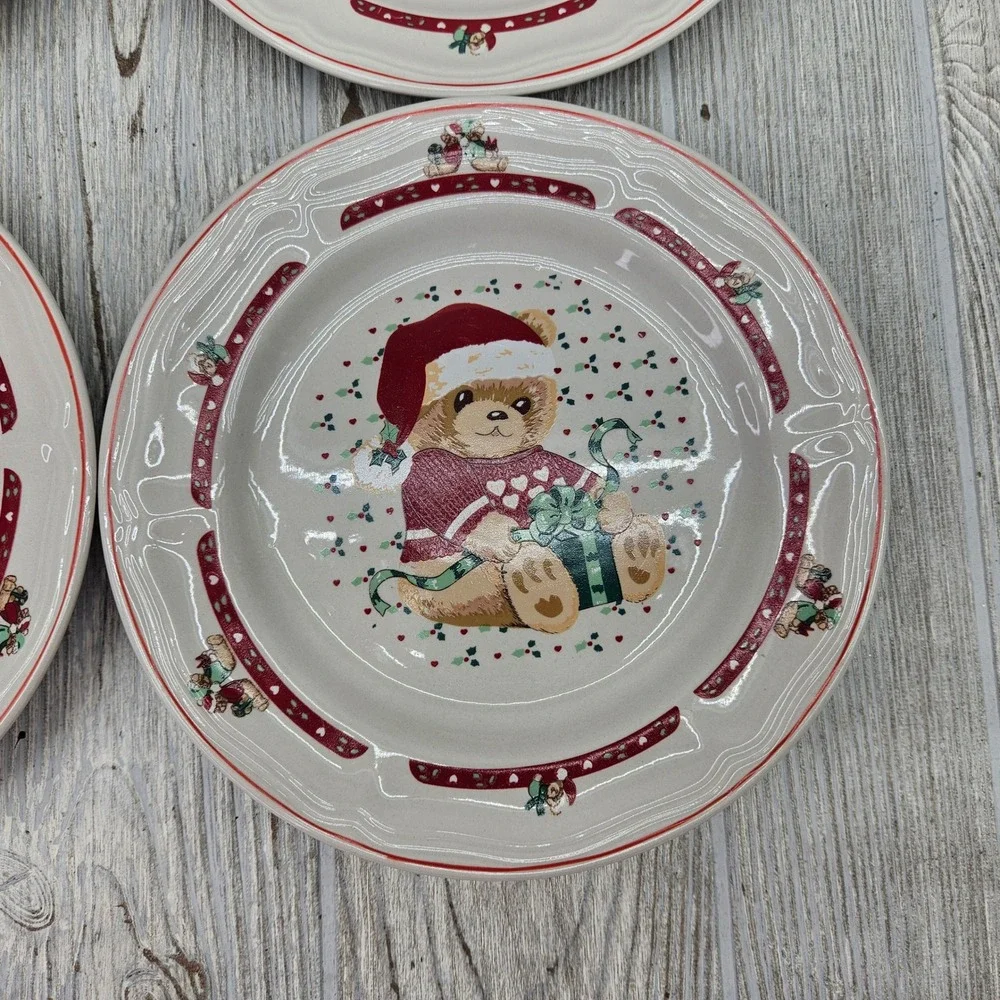 Tienshan Stoneware  Country Christmas Teddy Bear Salad Plates Set of 4